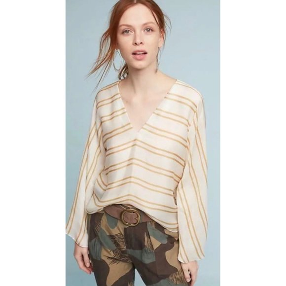 Anthropologie Guapa Striped Kimono Top 100% Cupro Small Cream Gold Boho $98‎ - Picture 1 of 10